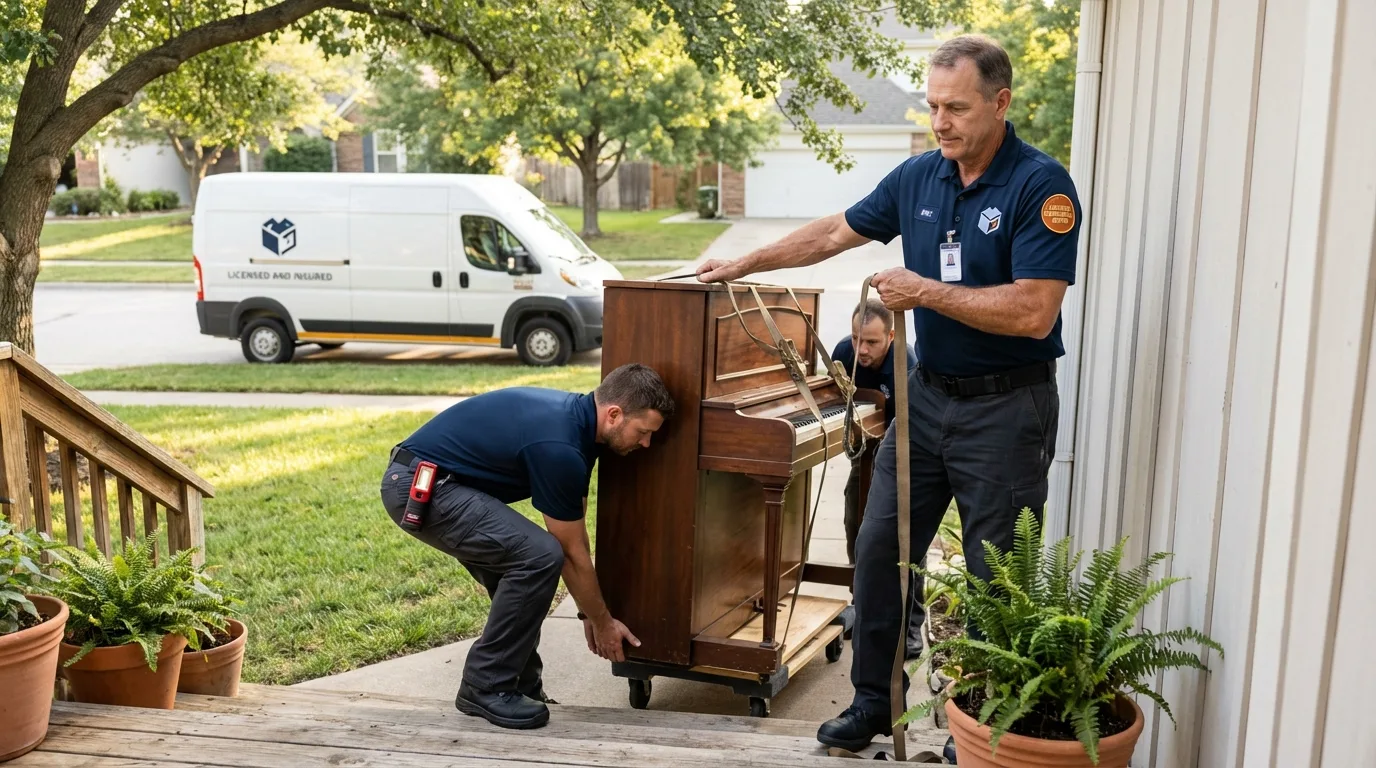 Licensed piano movers securing grand piano in Apollo Beach, FL